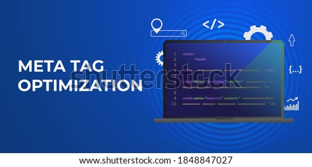 Meta Tag Optimization, HTTP website header SEO (search engine optimization) elements - meta description and title tags. Horizontal vector banner illustration for header with conceptual marketing icons