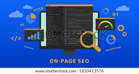 On-page SEO (Search Engine Optimization) website vector banner concept. Change of title, description, meta tags, h1, headlines and keywords. Web development seo for better ranking in search engines. 