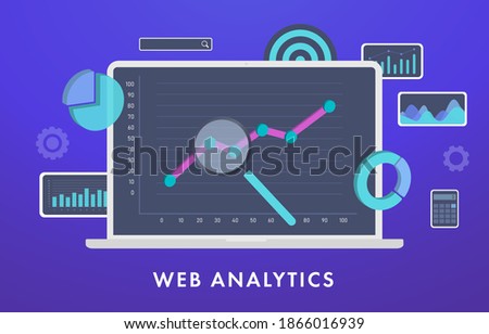 Web Analytics, Statistical Data Analysis and Ecommerce Metrics. Laptop computer with graph and charts on screen and conceptual marketing icons and analytics elements. Digital business SEO technology