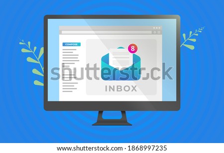 Email inbox message interface on the computer screen. Notification of new unread mails icon. Email inbox communication software for business concept. Vector illustration with blue background.