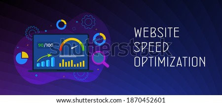 Website Page Speed Optimization concept. Laptop with high values point accelerometer. Web site Loading Time image for digital internet SEO marketing. Header and footer banner vector template