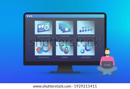 Content management system - Web site management software CMS concept. Edit design, user and configuration settings, create and publish articles, administration, statistics. Vector illustration