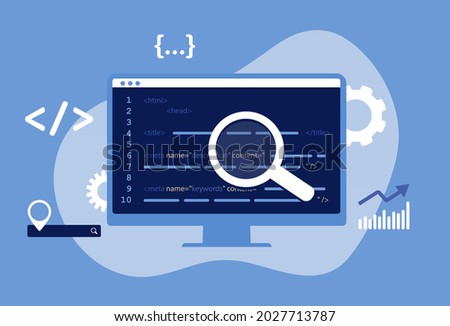 SEO Meta Data Optimization Concept. Vector illustration with hypertext code in blue color. HTTP Website Header Search engine optimization title tags and seo meta data search term description elements.