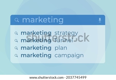Marketing Autocomplete Search Web Suggestions modern vector concept. Website searching bar with marketing tips for better search: strategy, funnel, plan, campaign