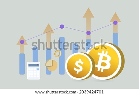 Bitcoin BTC and USD Currency money business concept. All time high bitcoin cryptocurrency revenue and fiat coins, calculator and income graph on the background. Btc-Usd Coin exchange illustration.