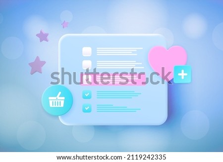 Wishlist 3d vector illustration. Application with a list with checkmarks of favorite wish items, heart and buy basket icon. Planning and personal wishlist order list website banner template concept