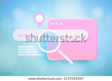 Local SEO 3d concept. Search Optimization Local Marketing Strategy. Search bar and webpage with magnifier, pin location icon on smooth blue gradient background. Organic traffic vector illustration