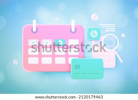 Subscription payment 3d vector illustration. Calendar with monthly payment date, annual percentage rates (APR), calculator, credit Bank card with recurring payment icon. Monthly subscription basis fee