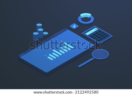 Data analytics, Ecommerce Metrics, Digital Audition Marketing isometric concept. Dashboard Business finance report and seo analysis with data statistics charts, calculator, magnifier and coins icons