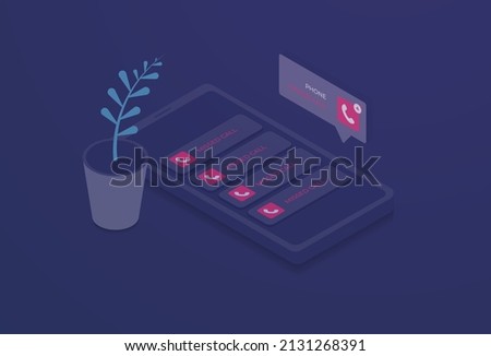 Smartphone with missed call notification concept. Mobile phone screen with a lot of messages about missed calls. Isometric vector illustration