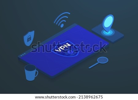 VPN - Virtual Private Network isometric concept. Browser window and vpn connection sign.