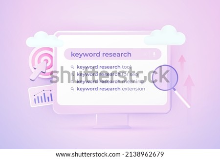 Keyword Research and SEO optimization 3d vector concept. Selection popular search terms with search engine suggestion tips. Stock foto © 