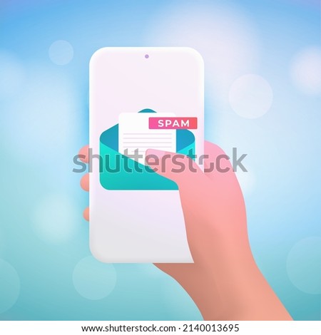 Email spam 3d vector concept. The drawn hand is holding a smartphone and on the screen is an envelope with e-mail envelope spam letter