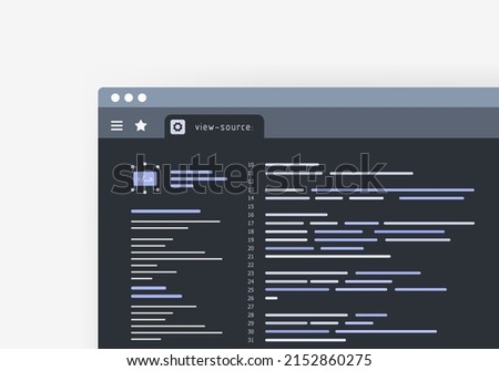 View Source Code Using View Page Source in Internet Browser. HTML and CSS webpage code viewer for web development and programming concept.