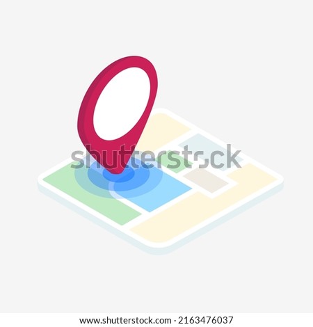 Isometric map with red pin pint - gps location icon. Geofencing flat design concept. Vector illustration