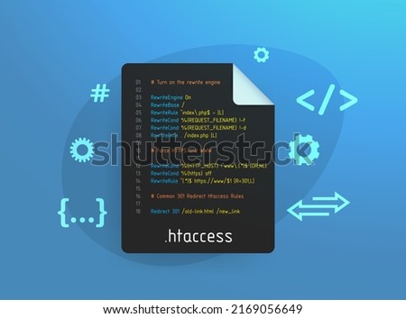 htaccess file concept. Directory-specific configuration file for restrict access to categories and web pages, set up 301 redirects web urls. Vector illustration in flat design