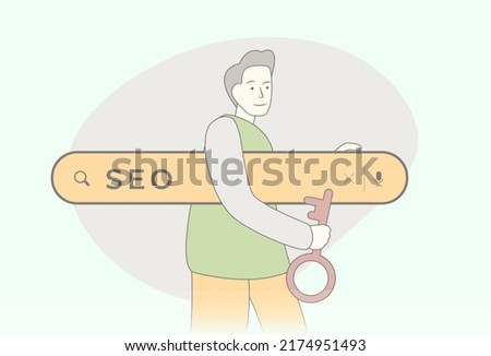 SEO - Search Engine Optimization concept. Improve quality and quantity traffic to website from search engines. Hand-drawn style seo specialist holds search engine bar under his arm and a key in hand