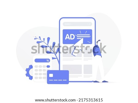 Mobile Advertising and digital marketing concept. Social media sponsored content. A character in blue and white is standing next to mobile phone with an ad, next to the icon of calculator, bank card