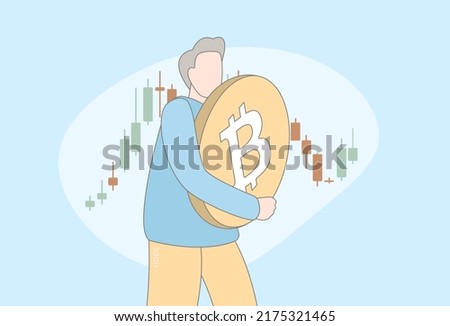 Hodl your Bitcoin cryptocurrency concept. The character gently and lovingly presses and hold bitcoin coin to his chest and holds it with his diamond hands. Background volatile chart with candlesticks