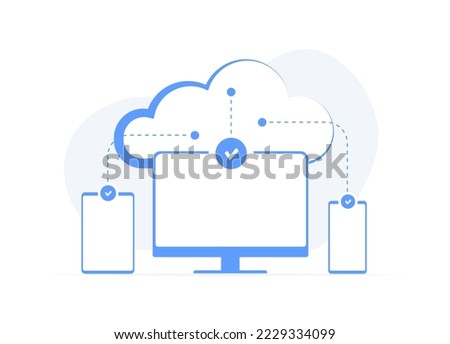 Cloud Computing Services concept. Online data storage solution - cloud computing server connected to multiple gadgets, computer and mobile digital devices. Flat design thin vector illustration
