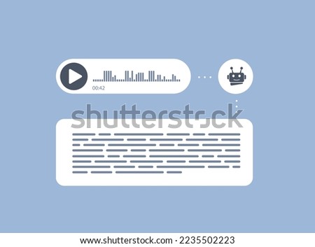 Recognition of speech, convert online voice messages into text using neural networks or AI online bot. Voice messages icon and online text bubble flat design illustration