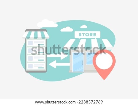 Online to offline - O2O ecommerce concept. Pickup, fitting and checking online order from an offline store. Mobile shopping and mall store building o2o omnichannel retail marketing strategy