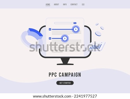 PPC Campaign digital marketing concept. Pay per Click ppc advertising. Building search marketing strategy, selecting selling phrases, ppc impression statistics. Vector business landing page template