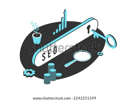 SEO - Search Engine Optimization concept. Digital marketing strategy. Search bar with seo text, keyhole and key as metaphor for finding the right keywords and seo ranking factor to get website to top