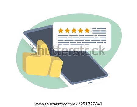 Feedback testimonials from satisfied customers and clients. Reviewing a product or feedback service with a 5 star rating. Smartphone, thumbs up icon and five stars review bubble.
