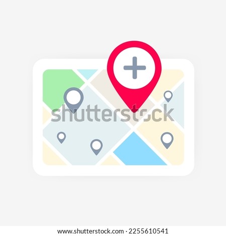 Local Search Listing map concept. Map with local business search listing featuring map icon, red pin with add plus, representing convenience of searching and finding local businesses through mapping