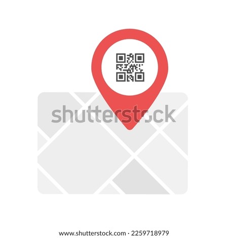 Map icon with red pin showing QR code for easy address scanning and route planning. QR code contains an map address for adding to contacts, simplify finding and saving locations for navigation
