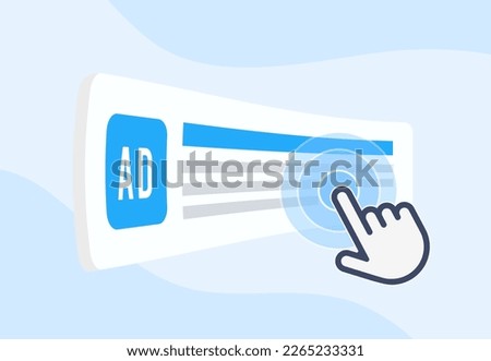 Effectiveness of targeted advertising and pay-per-click campaigns concept. User clicks on text ad block on search engine. Cursor hovering over the advertising, which is highlighted on the page
