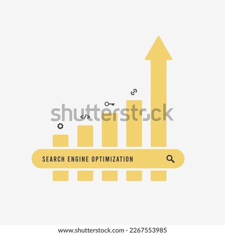 SEO optimization concept. Search bar with Search Engine Optimization query, graph with icons of SEO tactics like link building, keywords research, content optimization and upward growth