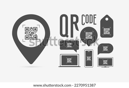 QR code illustration vector set. QR code on map pin icon, various chat bubbles, and icons of smartphone, laptop, and TV screen. Ideal for website design and qr app development
