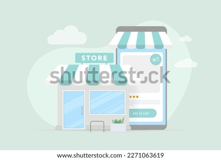 Hybrid shopping concept - customers make purchases both in physical retail and online store. Offline mole building and smartphone displaying open product card page. For e-commerce, retail visuals