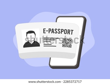 E-passport concept illustration. Electronic passport on phone screen with photo, personal data, QR code for easy verification. Convenient and secure approach to identification for travel and services