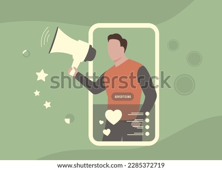 Social Video Advertising content - man influencer with megaphone promoting products in vertical video social media app. Businesses use this trend to effectively reach target audiences and boost sales