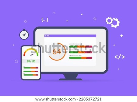 Website Page Speed Optimization SEO concept. Page speed charts on desktop and smartphone screens, with Core Web Vitals metrics LCP, FID, and CLS. Improve user experience and SEO ranking