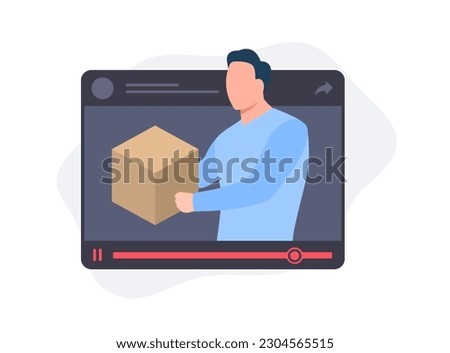 Video of product demonstration concept. 10-30 second product feature video highlighting benefits to increase attention. Video marketing vector illustration on blue background with icons