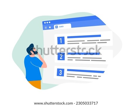 SEO Rankings concept. Man analyzing top search engine result page and think how rank website higher. Improve seo ranking with effective strategies - high-quality content, backlinks, targeted keywords