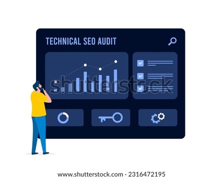 Technical SEO Audit concept. Improve website speed, seo rankings, user experience. Optimize on-page elements, site structure, crawlability and indexation issues. Boost visibility, mobile-friendliness
