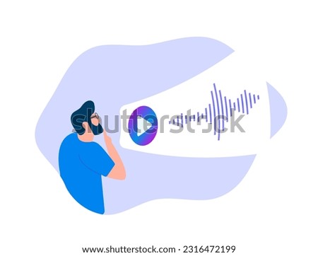 Voice messages concept. Chat with speech voice bubbles, event notifications. Stay connected with voice chat messaging. Drawn character man thoughtfully listens to sound message. Vector illustration