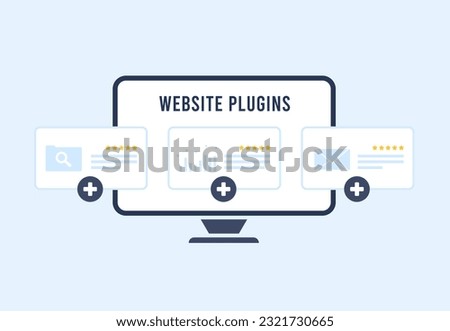 Website plugin concept - enhance ecommerce CMS with extensions. Improve digital marketing with SEO website plugins and web developer extension and plugins. Flat design vector illustration