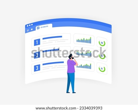 SEO Competitor Analysis concept. Parsing and seo analysis of competitors in search results by number of backlinks, quality of content and keywords, indicators of various seo metrics