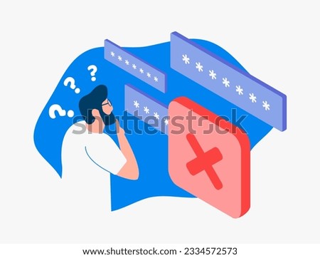 Password Error - Man forgets password reset or security key, login denied. Cybersecurity, IT industry, account protection concept. Illustration of confused businessman, login page with wrong password