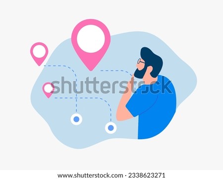 Online Order Delivery concept. Efficient Self-Delivery Warehouses and offline stores. Man character chooses point of receiving online order on the map with red pin buttons.