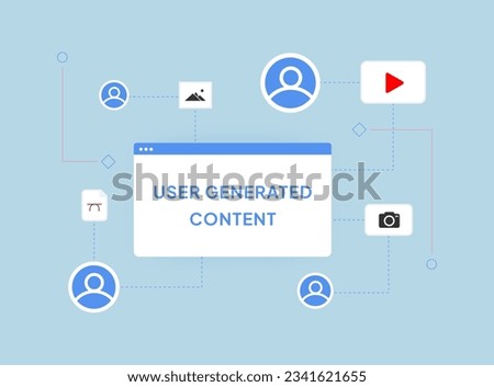 UGC - User-generated content concept. Consumer generated or created by customers crowdsourced content, like text, articles, videos, image, graphics, reviews. User generated content vector illustration