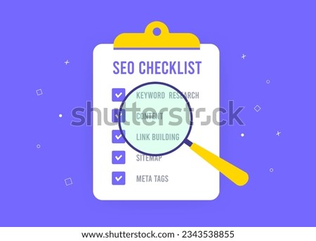 SEO Checklist document for boosting website ranking and performance. On-Page and Off-Page Optimization, keyword research, xml sitemap, Mobile-Friendly Design, Content Marketing. Vector Illustration