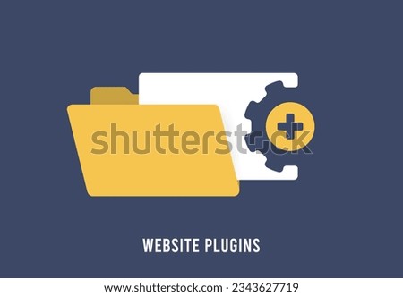 Ecommerce CMS Website Plugins vector icon with yellow folder and files concept. Website plugins for boosting digital marketing, UX and SEO. Web Developer Extensions and plug-ins in flat design