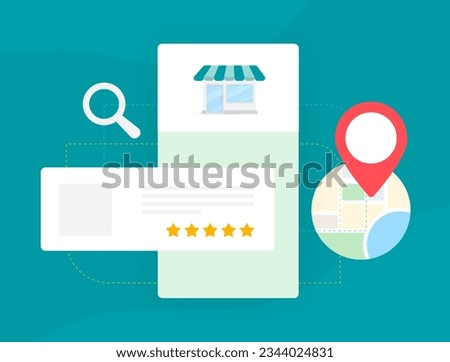 Local SEO Strategy for small businesses. Geofencing, Local Business SEO Listings with Map and Ratings Icons for Nearby Places. Local Search marketing based on location, customer ratings and reviews